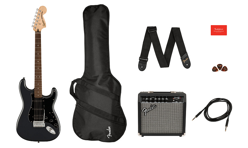Фото Комплект с электрогитарой FENDER SQUIER Affinity 2021 Stratocaster HSS Pack LRL Charcoal Frost Metallic